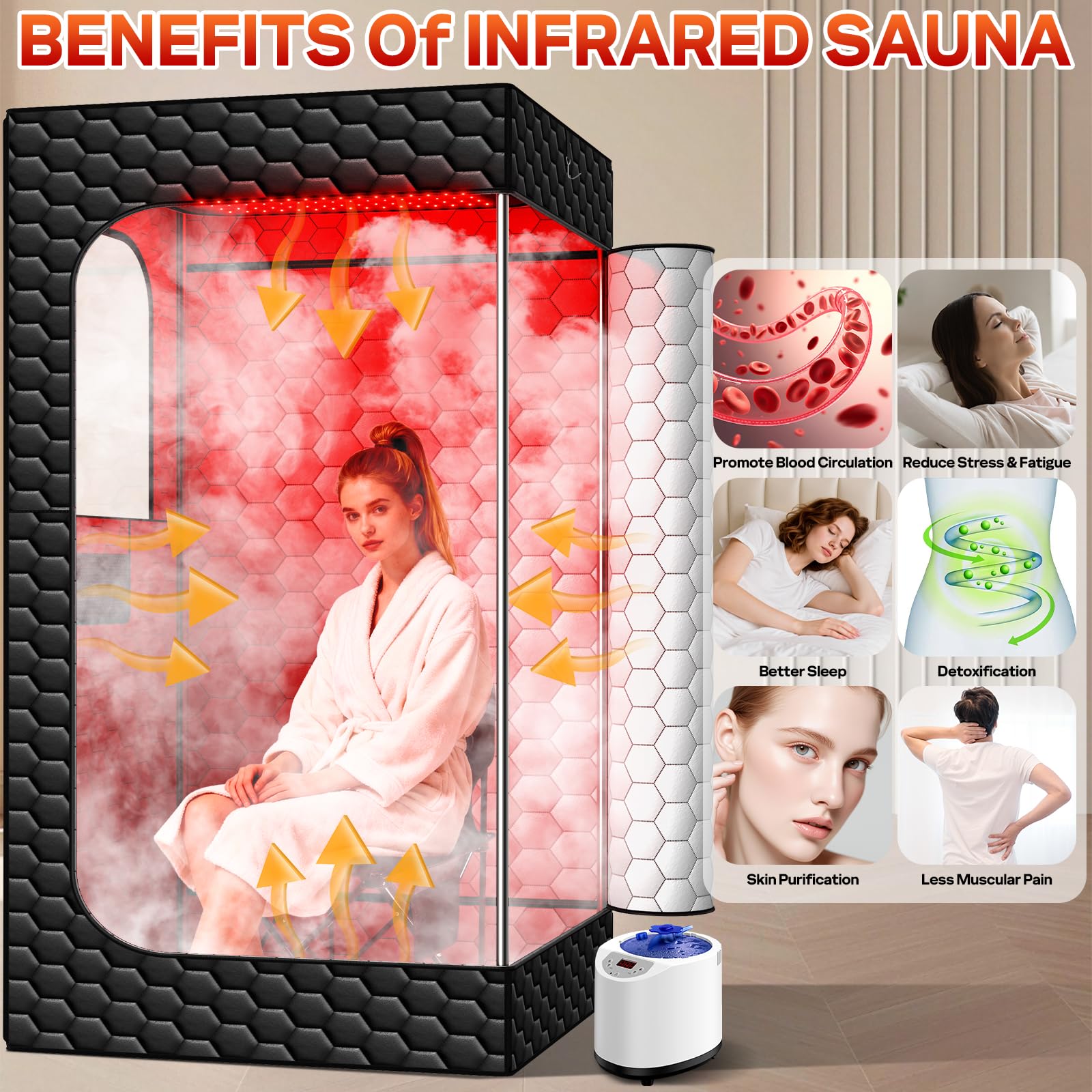 bsdonte Infrared Sauna Box steam generator delivers soothing humidity for comfort.