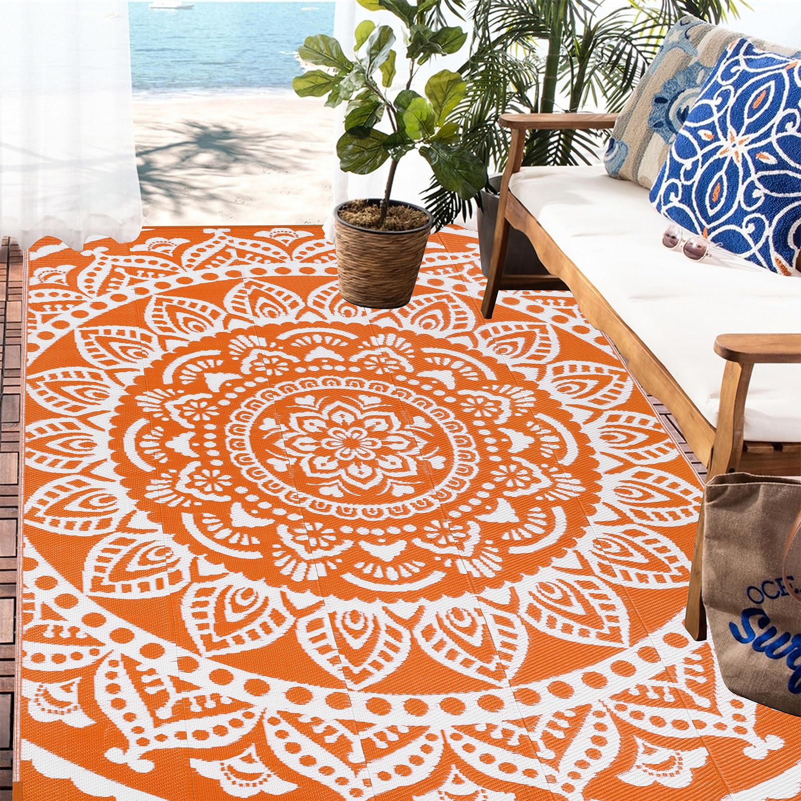 Bsmathom poolside-friendly rug adds color near water and protects floors.