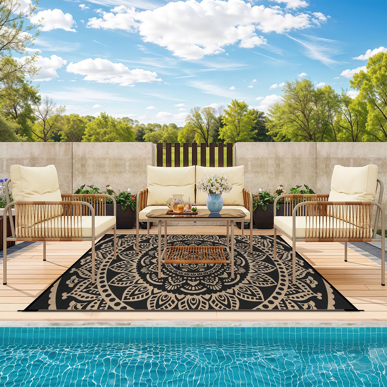Bsmathom UV-resistant rug protects colors in sunny outdoor spaces.