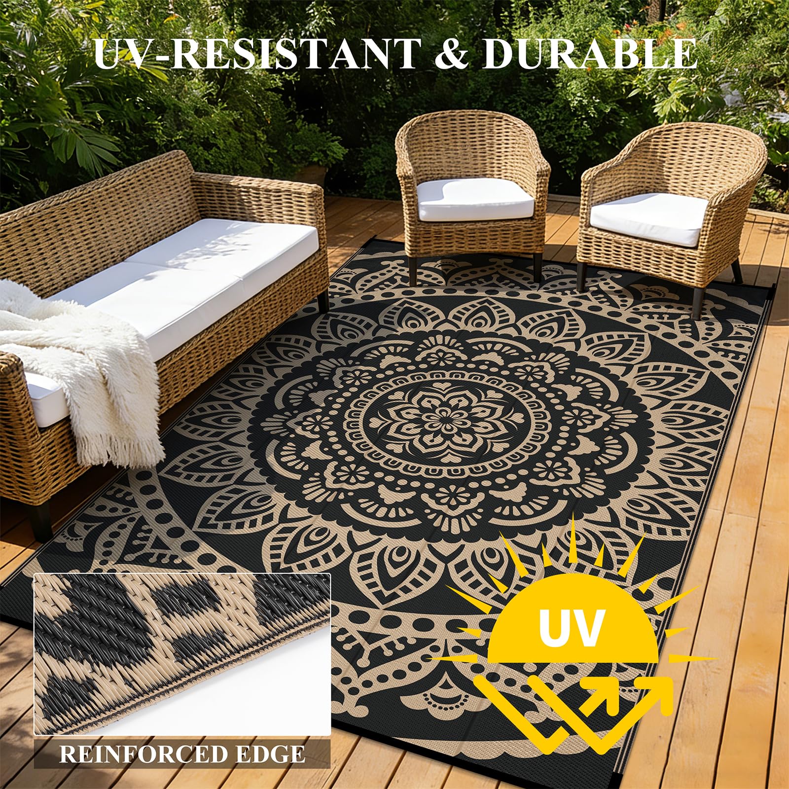 Bsmathom versatile outdoor mat for patio, beach, camping, and RV trips.