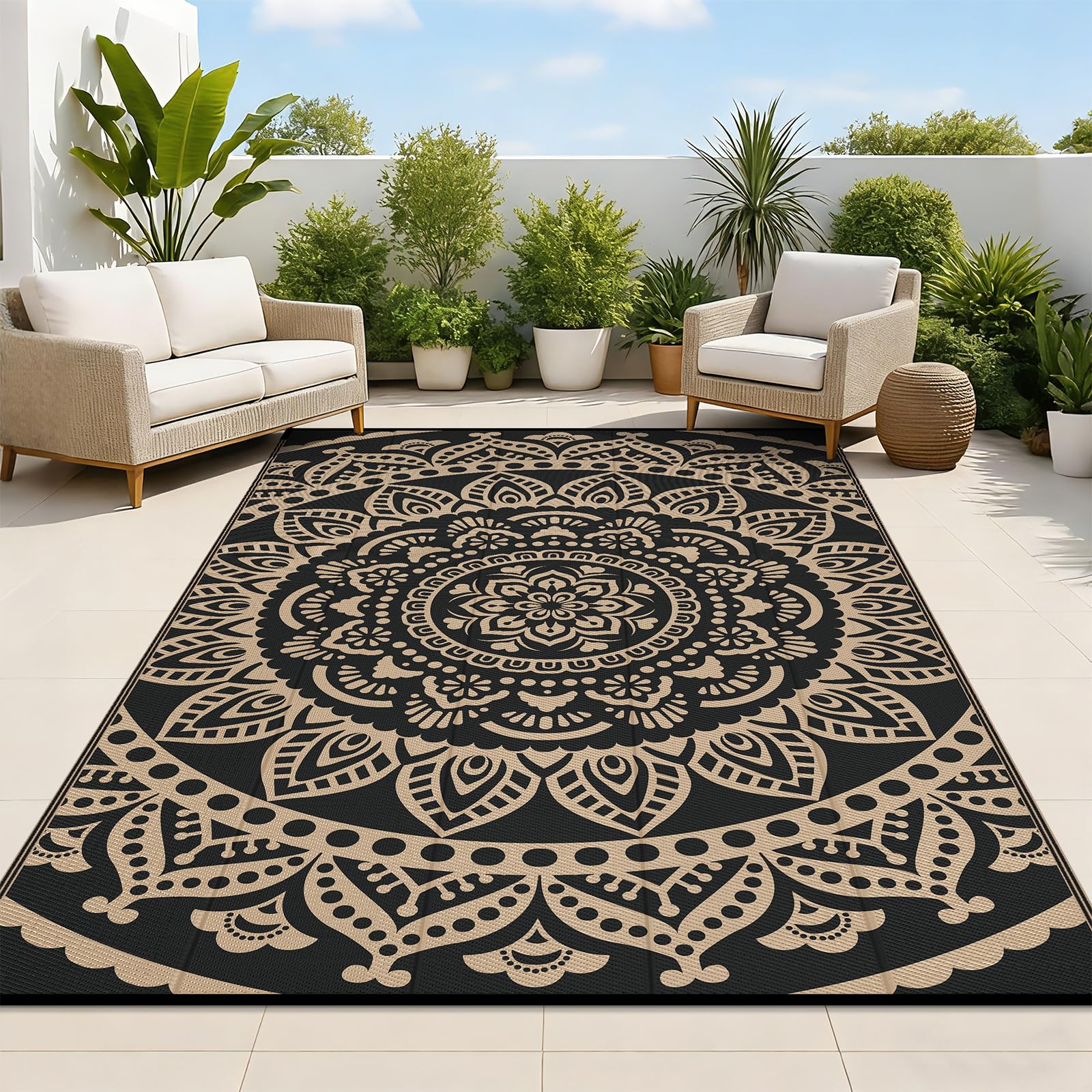 Bsmathom waterproof outdoor rug 5x8 with reversible boho pattern for versatility.
