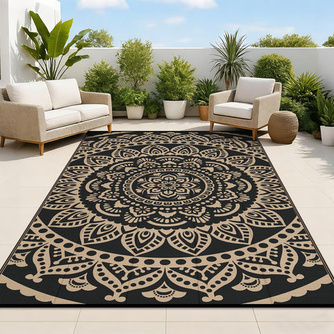 Bsmathom waterproof outdoor rug 5x8 with reversible boho pattern for versatility.