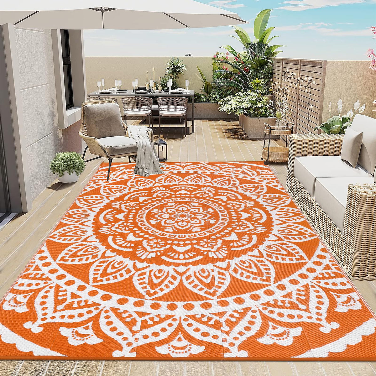 Bsmathom waterproof outdoor rug on a patio keeps surfaces dry and clean.