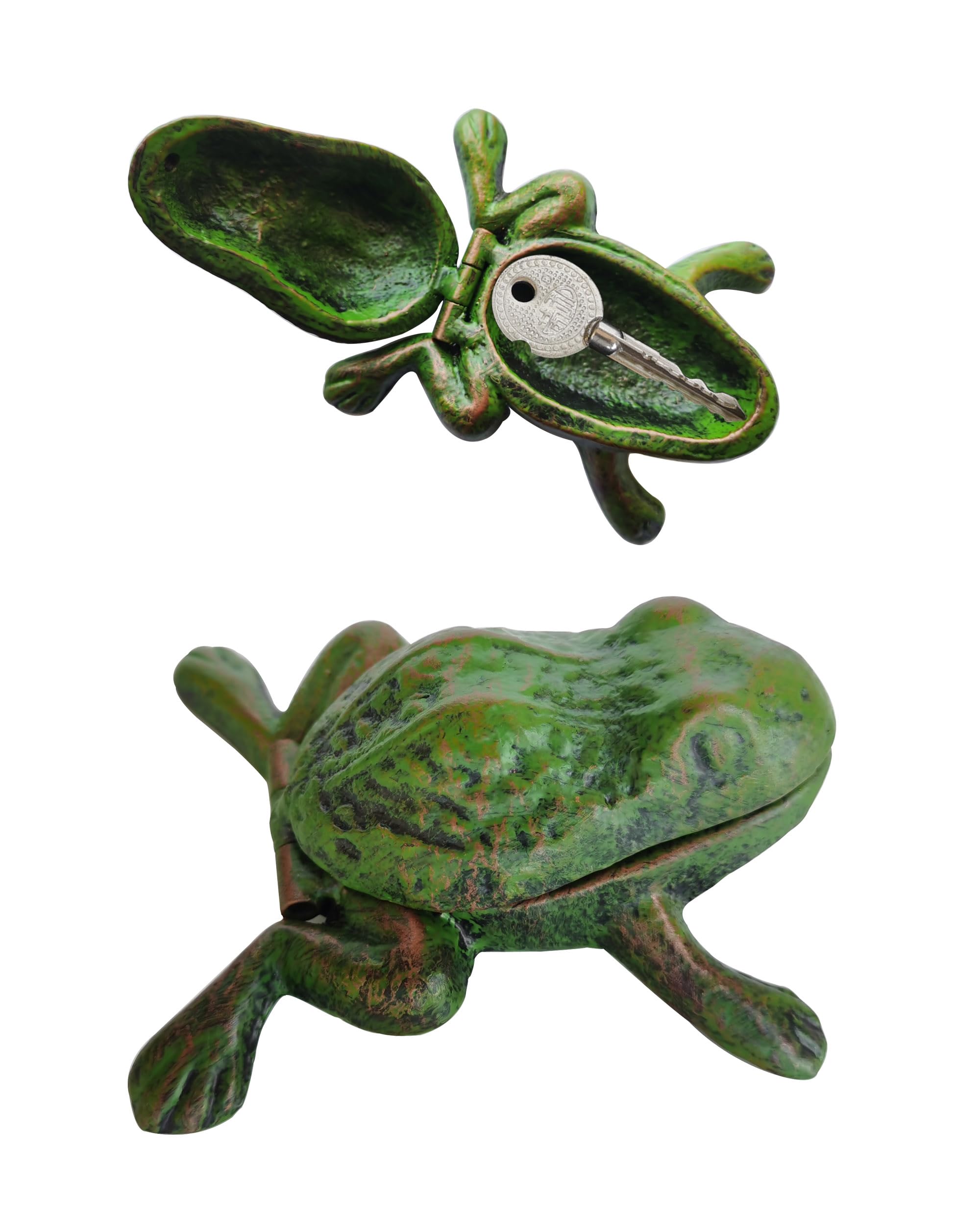 BSTGIFTS Iron Frog Key Hider outdoor statue sits by the door with a spare key concealed.