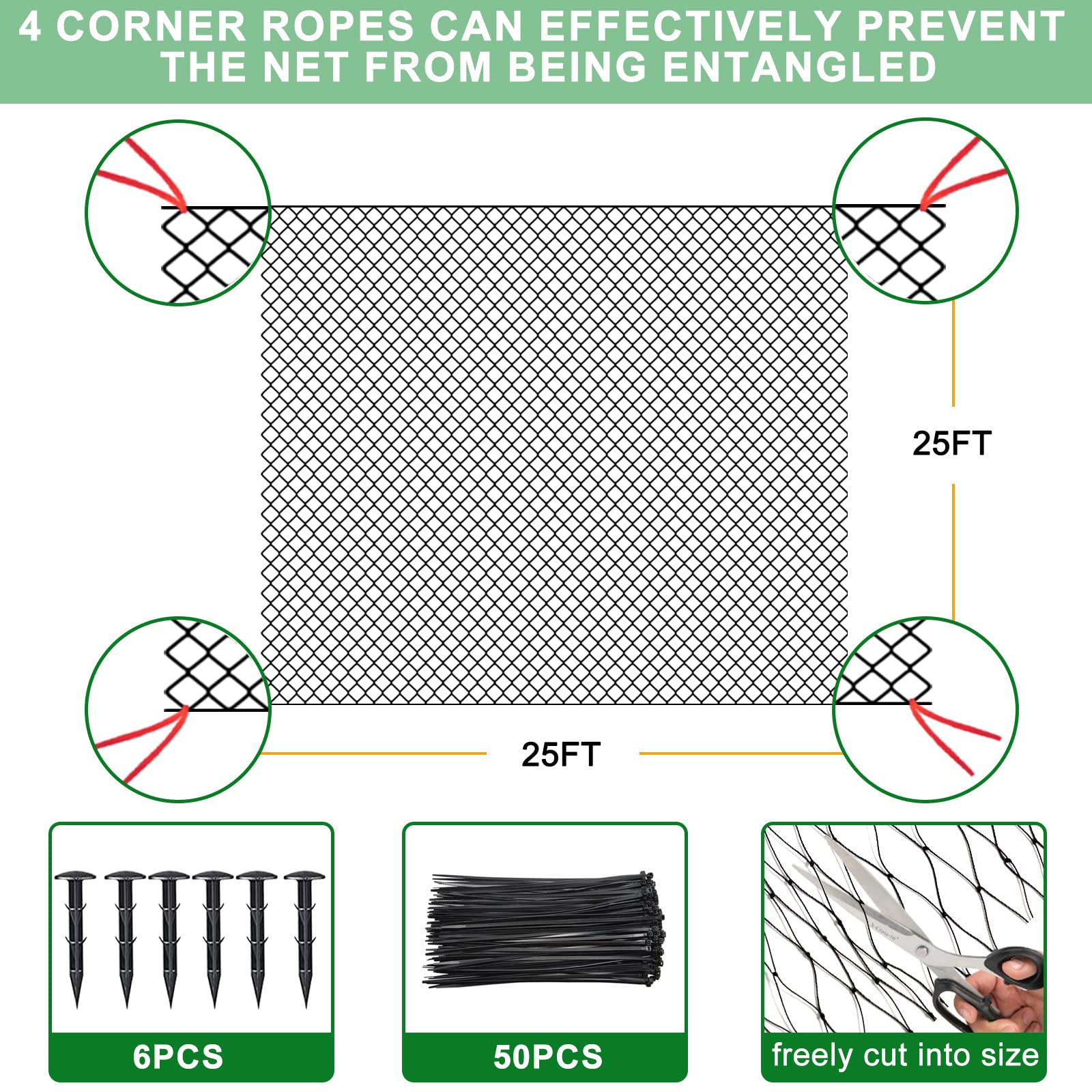 BSTPCOO chicken coop netting shows installation with stakes and cables.