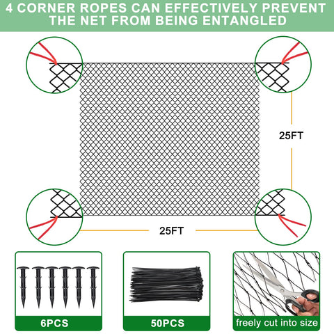 BSTPCOO chicken coop netting shows installation with stakes and cables.