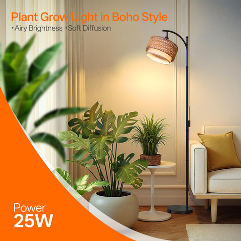Bstrip boho rattan shade softens light for a cozy indoor plant corner.