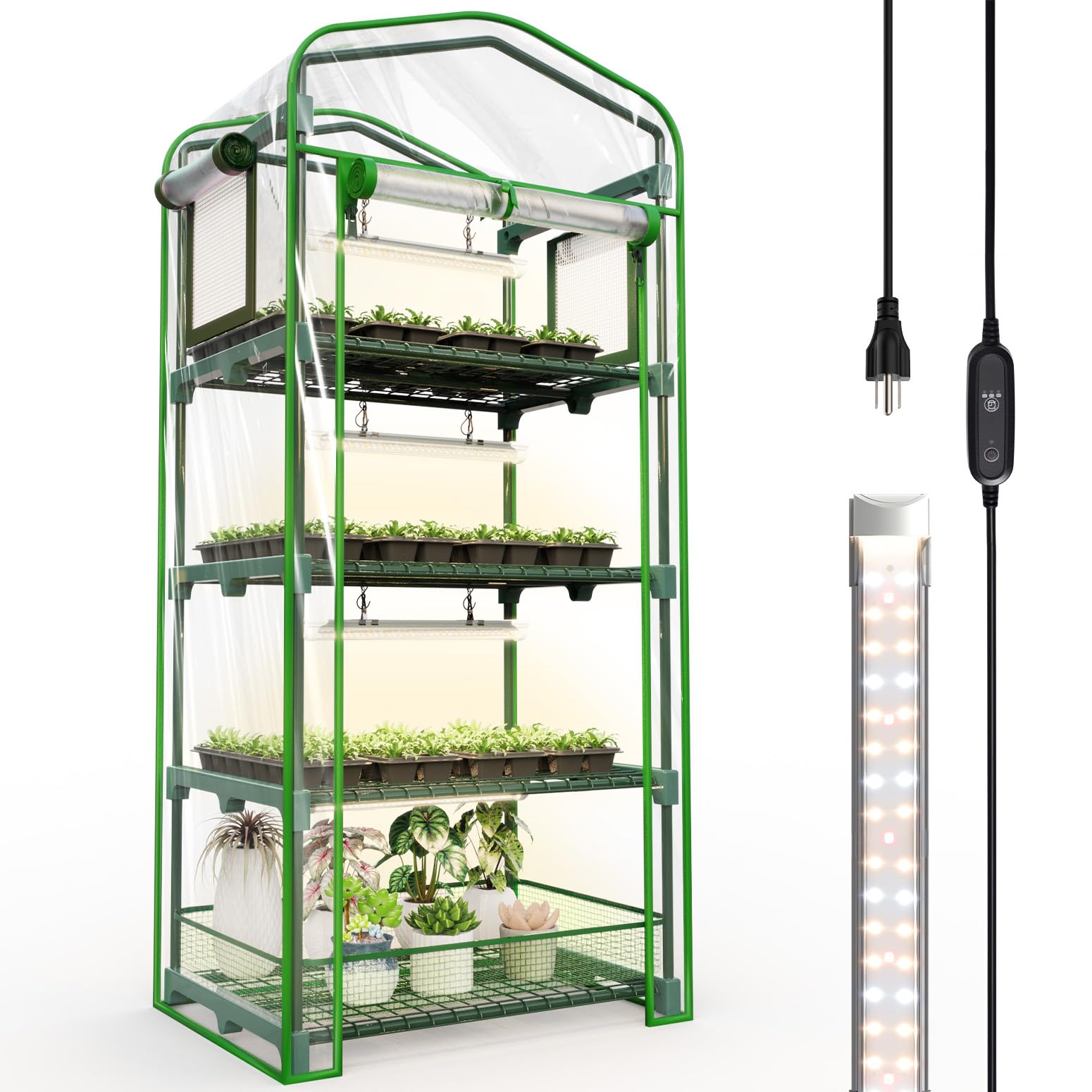 Bstrip indoor greenhouse frame with four tiers for efficient seed starting in small spaces.