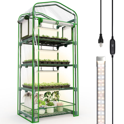 Bstrip indoor greenhouse frame with four tiers for efficient seed starting in small spaces.