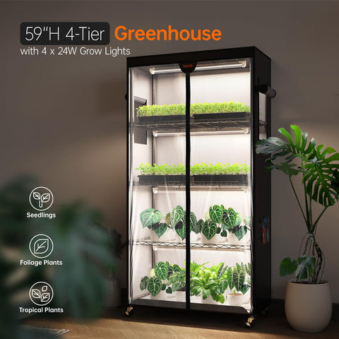 Bstrip four-tier shelves show space-efficient indoor gardening for seedlings.