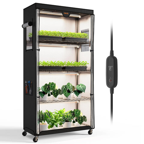 Bstrip indoor greenhouse with 24W grow light highlights compact seed-starting potential.