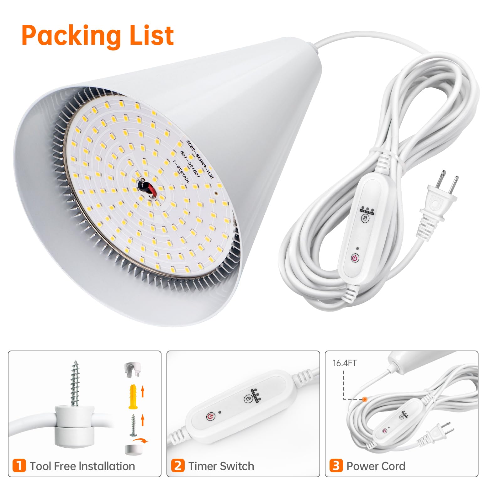 Packaging content shows contents: light bulb, 16.4 ft cord, clips