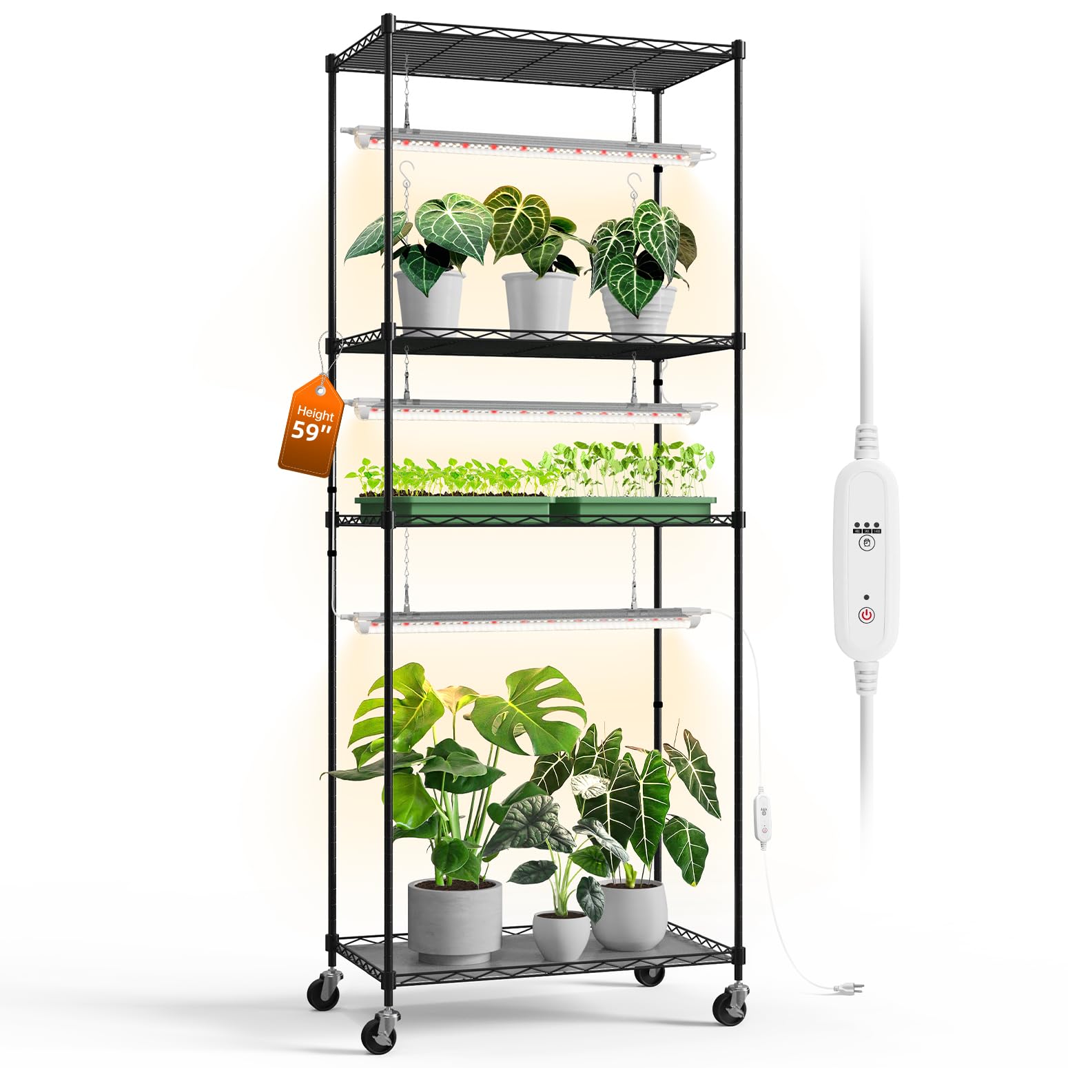 Bstrip plant shelf with grow light shows a sturdy four-tier setup ideal for seedling care