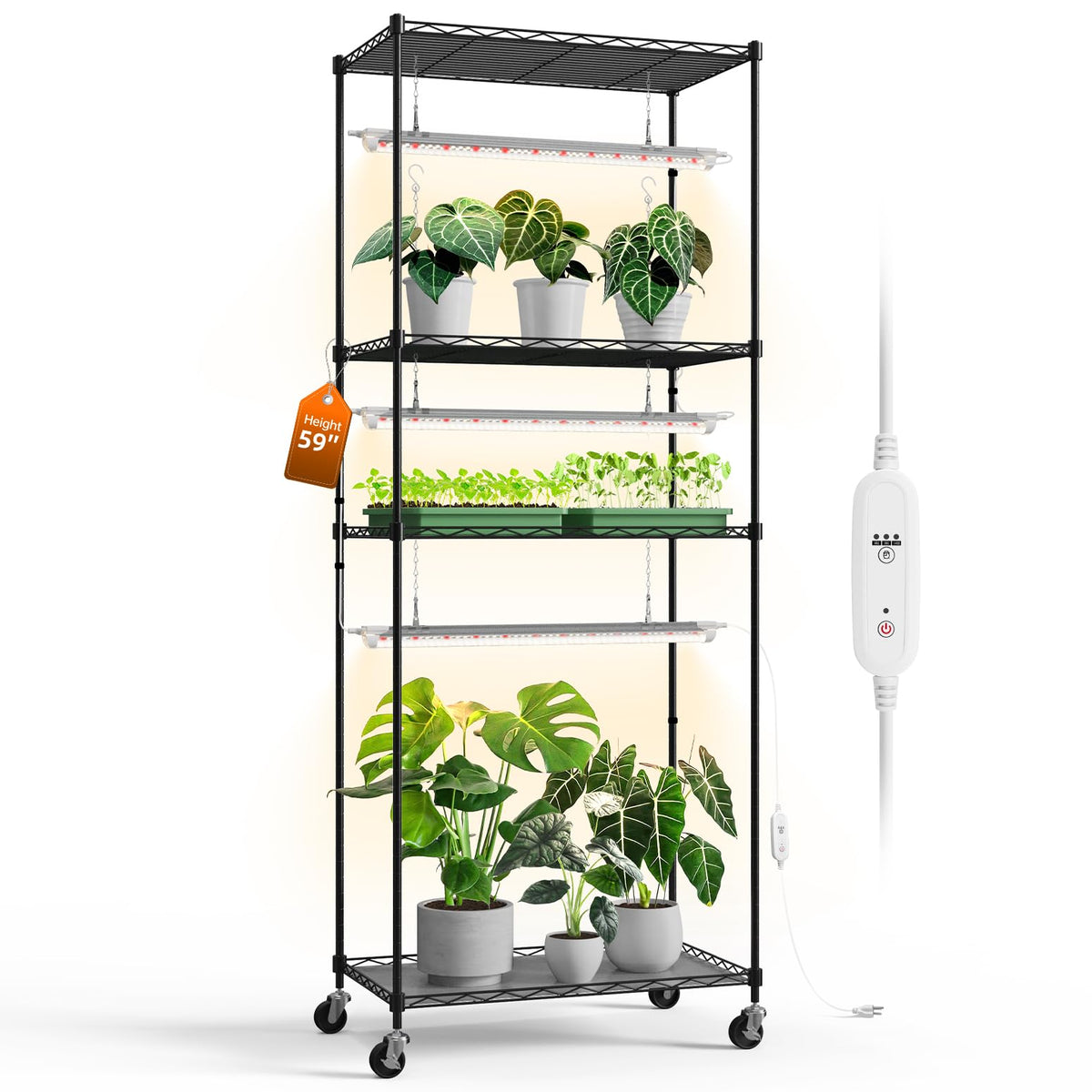 Bstrip plant shelf with grow light shows a sturdy four-tier setup ideal for seedling care