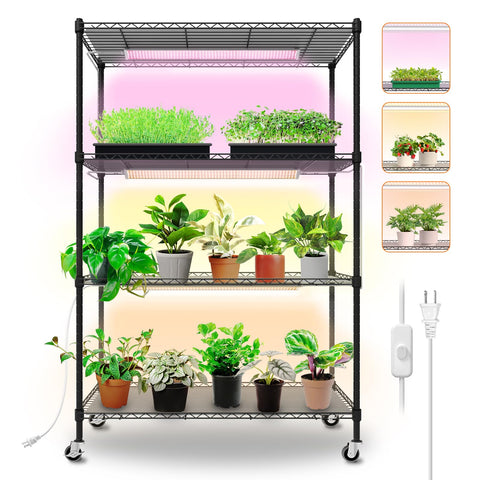 Bstrip plant shelf with grow lights for organized indoor gardening and seed starting.