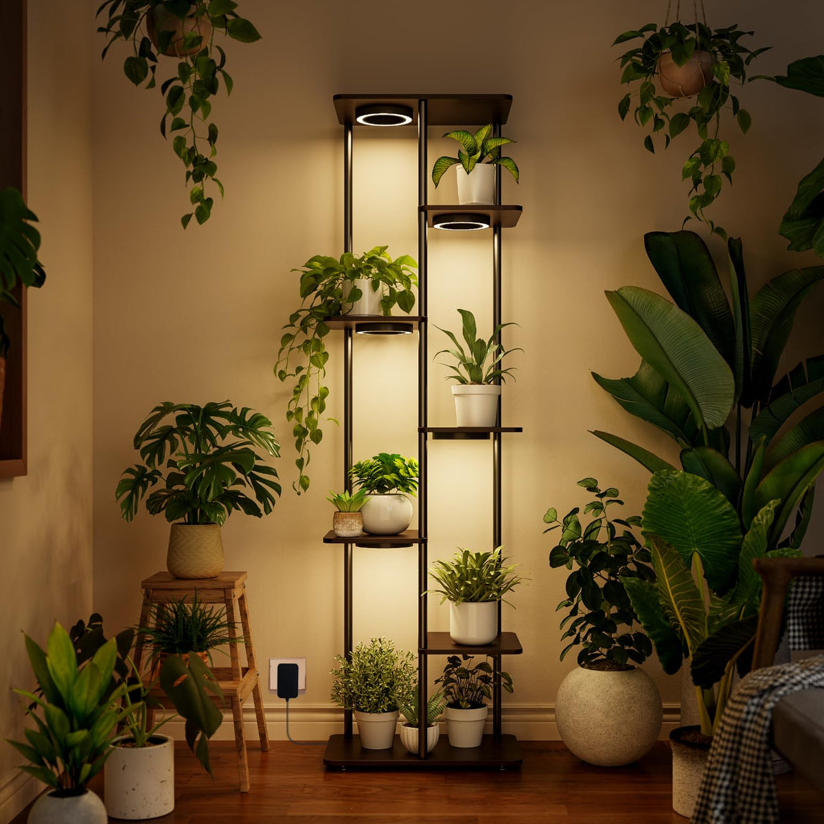 Bstrip plant stand with seven tiers displaying lush indoor foliage and organized space