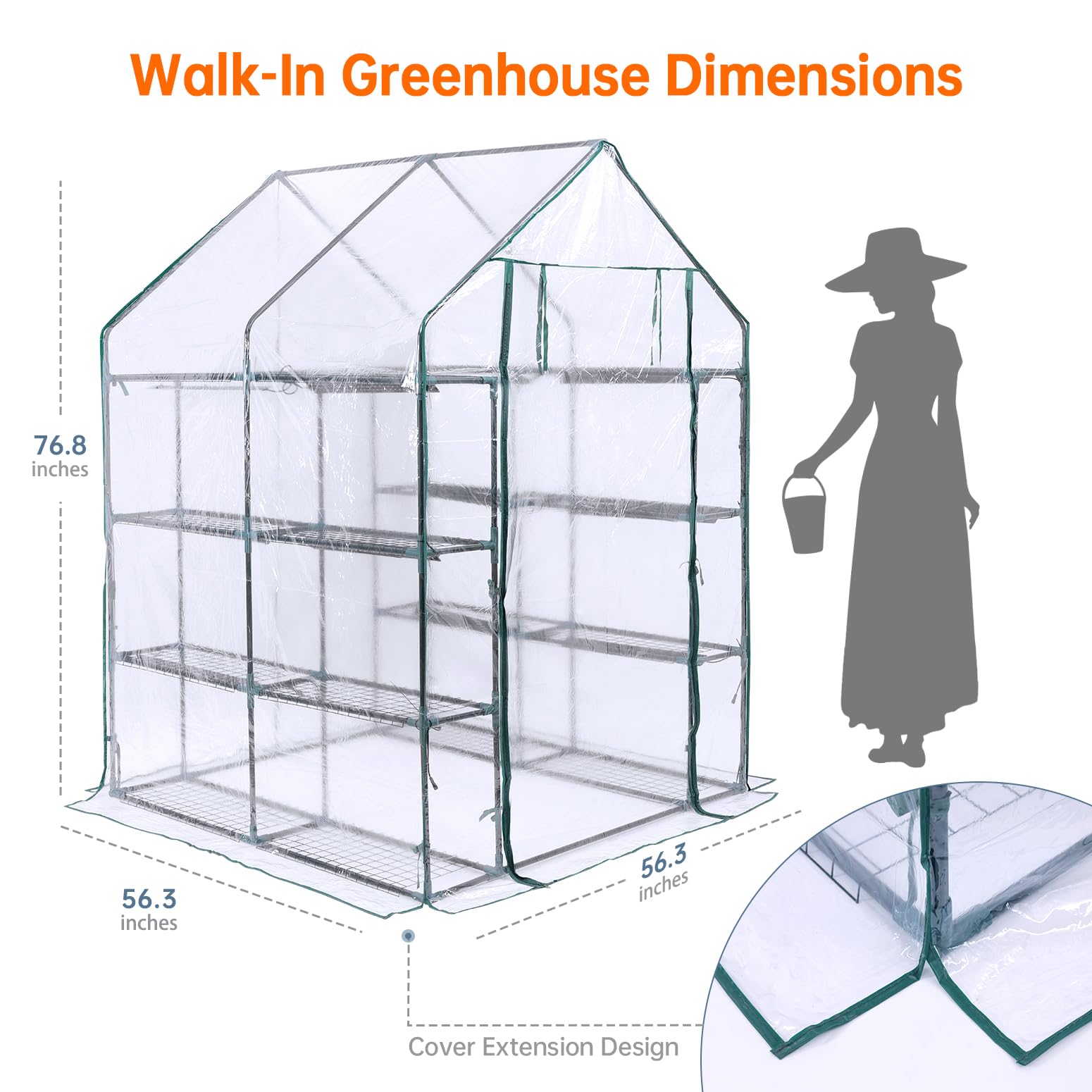 Bstrip Walk In Greenhouse side view highlights sturdy frame and racks