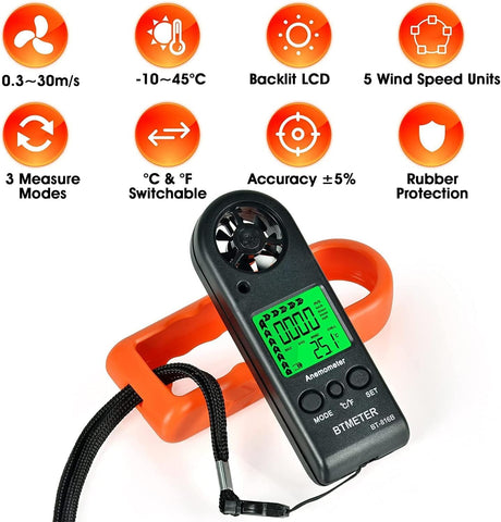 BTMETER BT-816B display showing wind speed, temperature, and wind chill in real time.