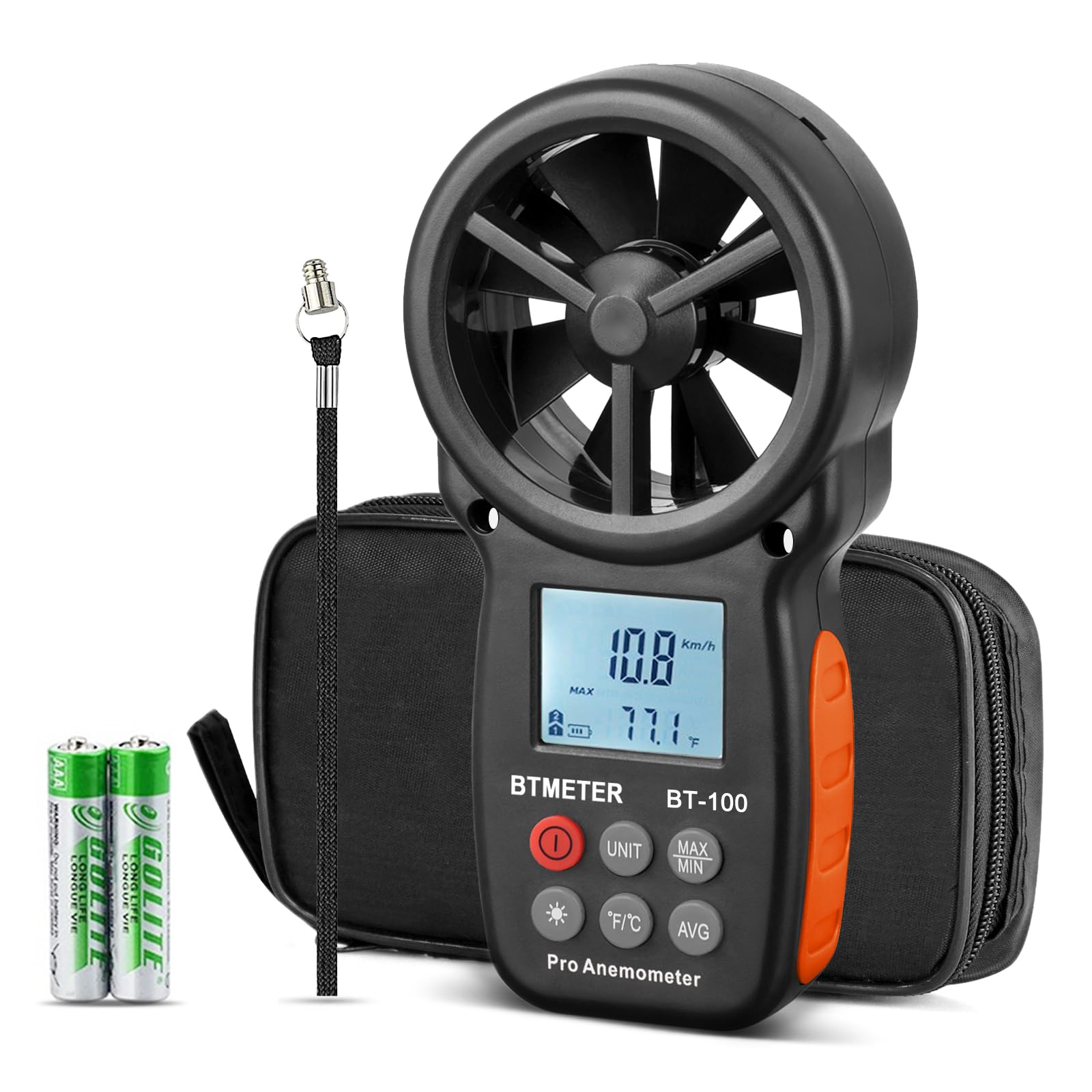 BTMETER BT-100 handheld anemometer shows wind speed for HVAC setup readings