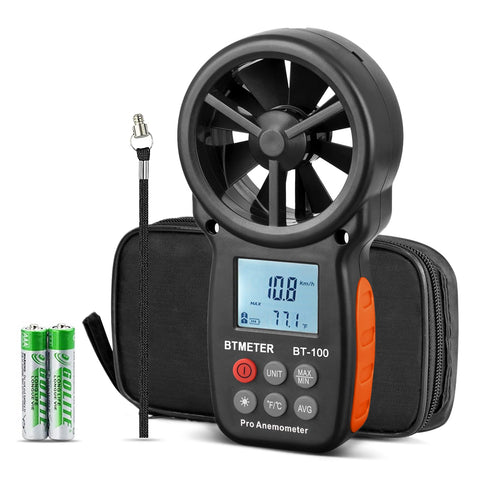 BTMETER BT-100 handheld anemometer shows wind speed for HVAC setup readings