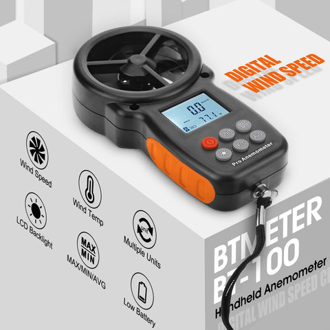 BTMETER BT-100 display indicating wind speed for drone flight planning