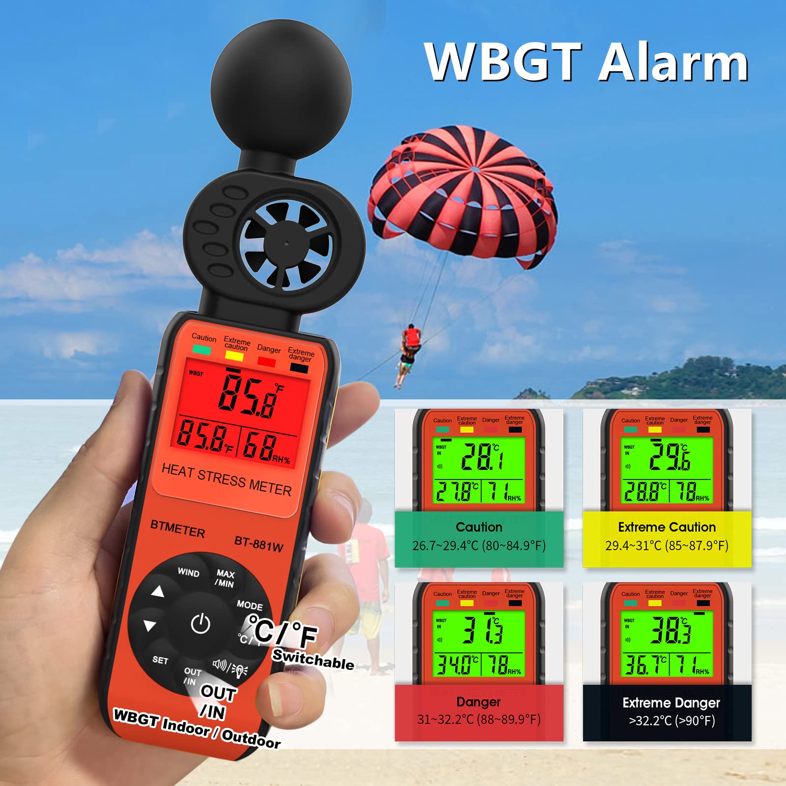 BTMETER BT-881W tests black globe temperature for heat stress awareness during training.