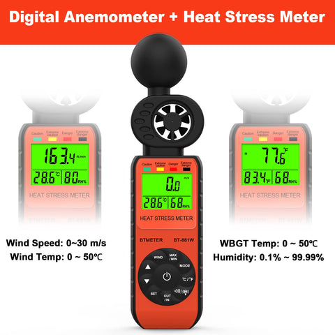 BTMETER BT-881W ambient temperature and humidity readings help monitor indoor comfort.