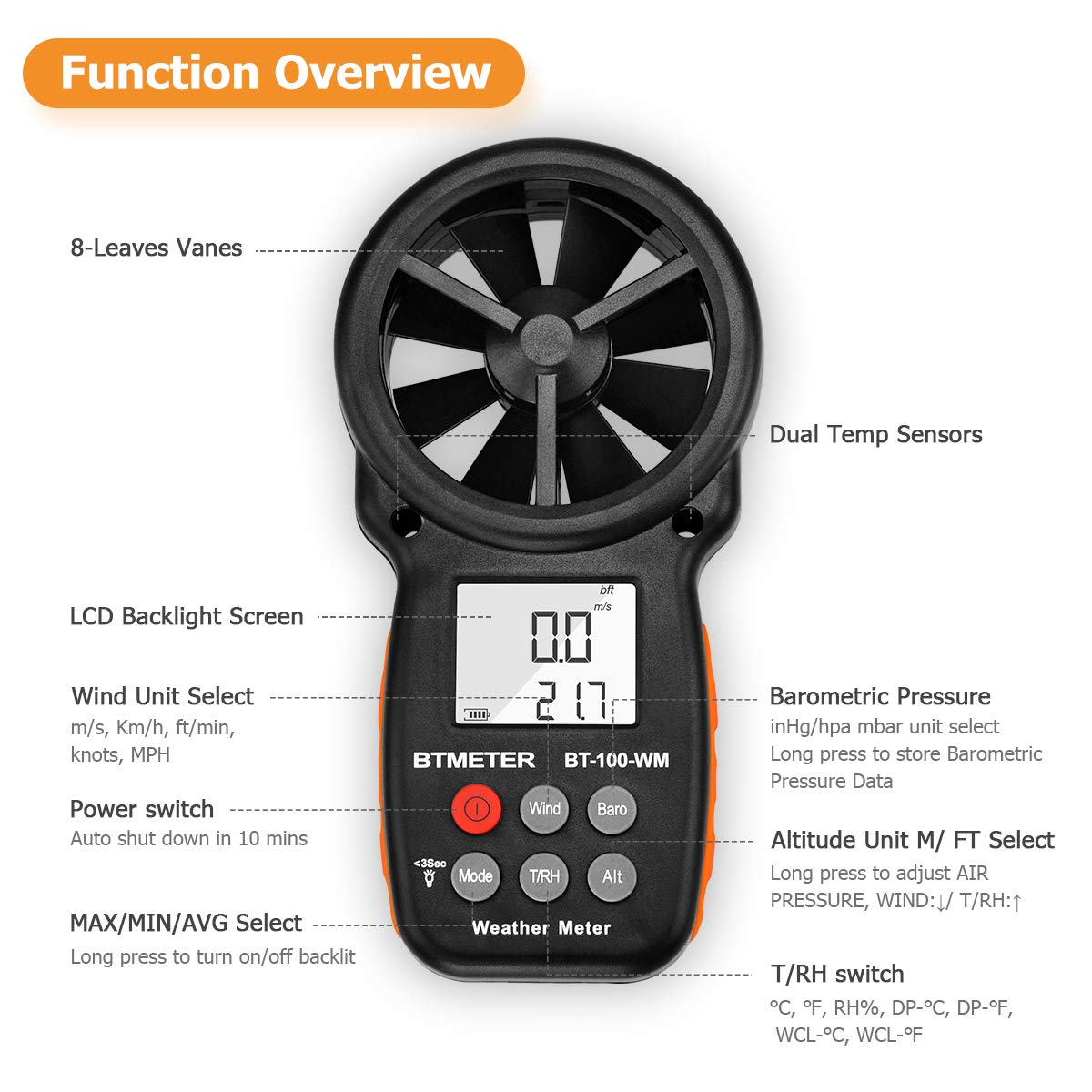 BTMETER BT-100WM barometric pressure and altitude readouts for weather tracking