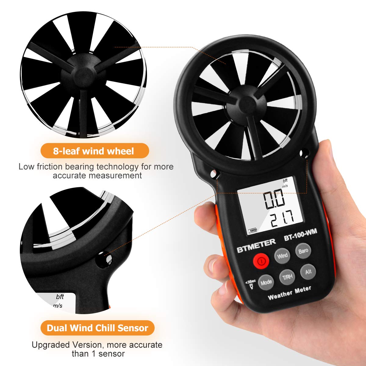 BTMETER BT-100WM humidity readout from a compact handheld device