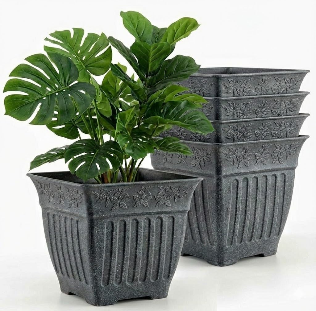 BTPLASTIK 18-inch square planter four-pack with vintage cement look for indoor and outdoor decor