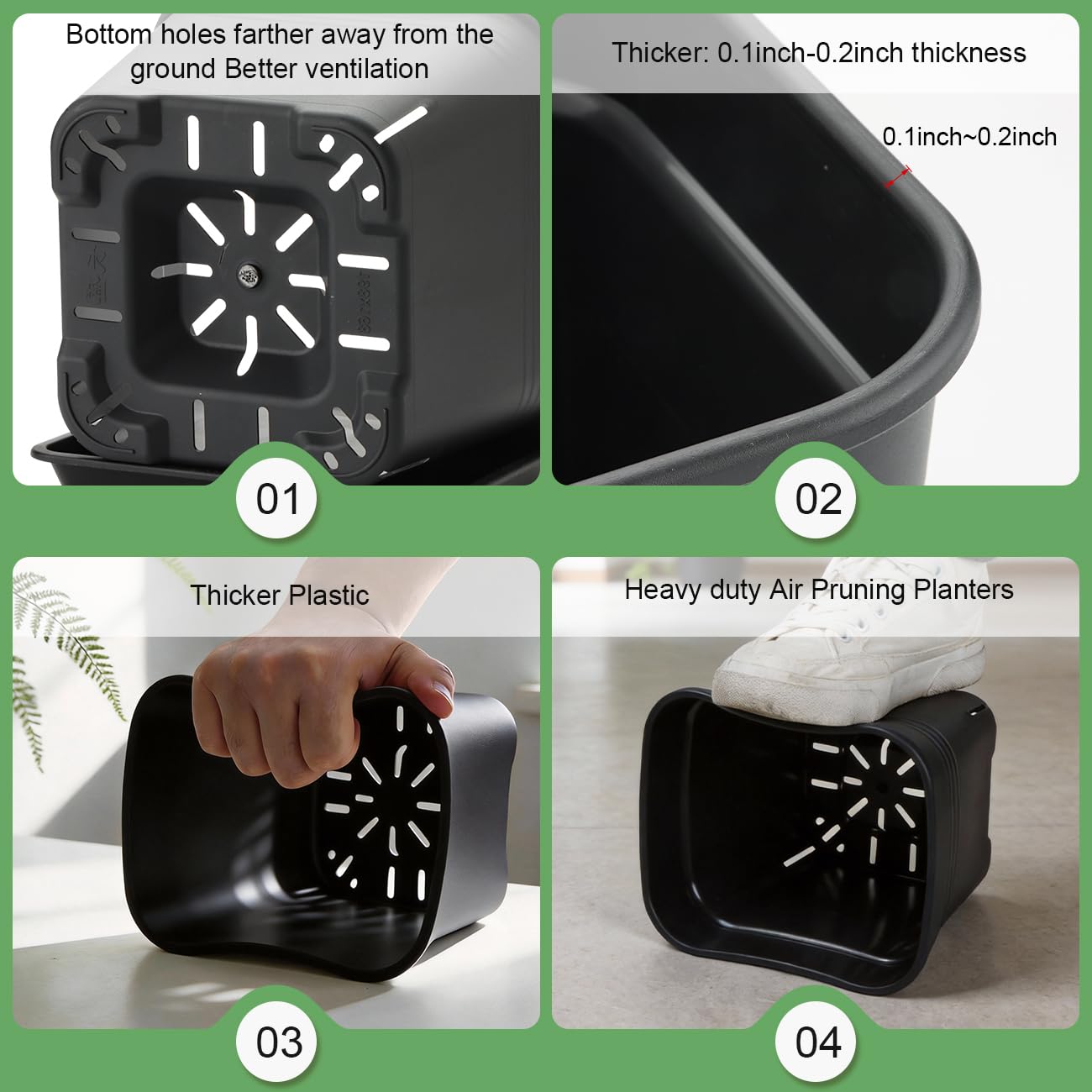 BTPLASTIK 8'' square planter with tray, side view features raised bottom for airflow.