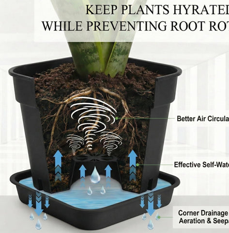 BTPLASTIK 8'' square planter with tray, top view highlights soil capacity.