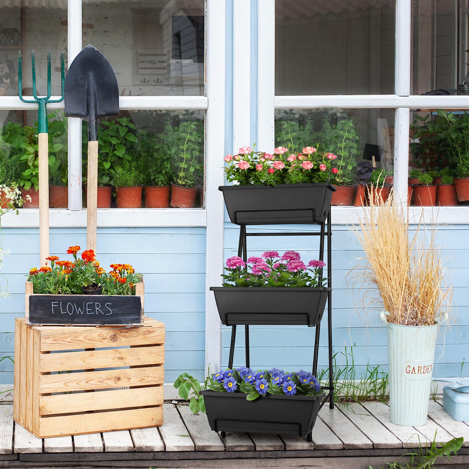 BTY grey plastic planter with metal frame detail for durability.