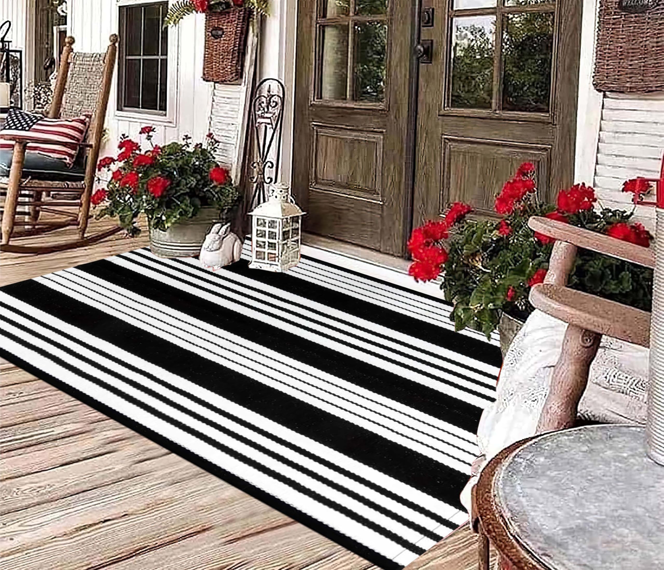 BUAGETUP farmhouse-modern decor rug complements layered exterior and interior styling.