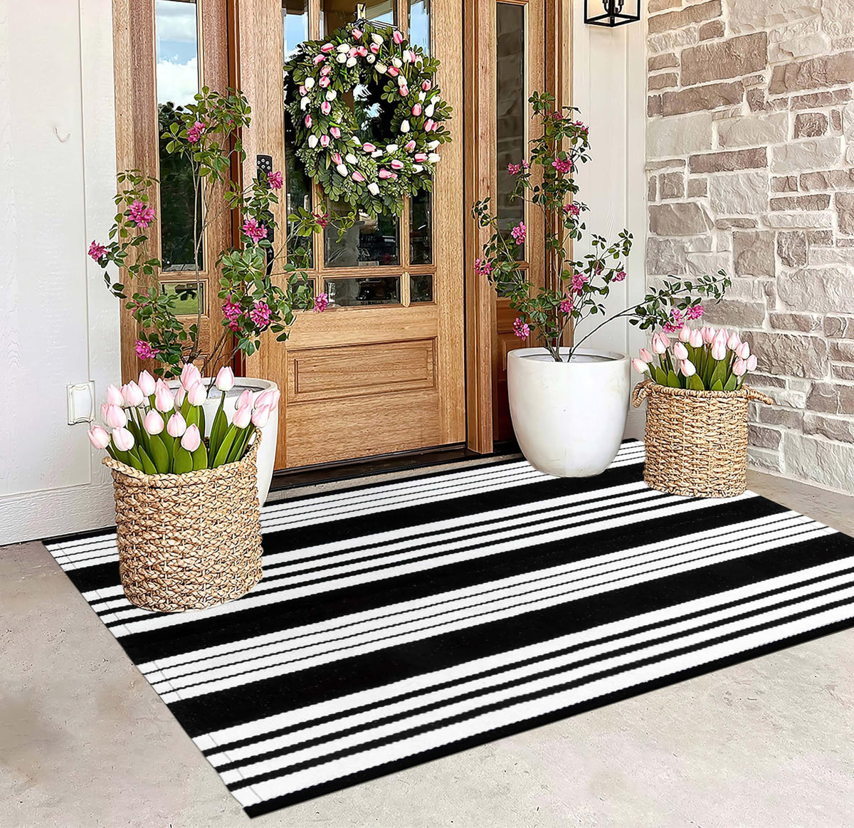 BUAGETUP outdoor rug 3x5 striped front porch texture enhances curb appeal.