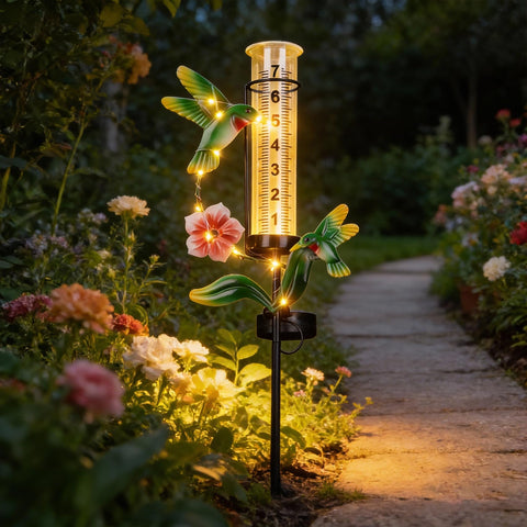 BUARO8AGA hummingbird rain gauge with LED lights decorates outdoor space