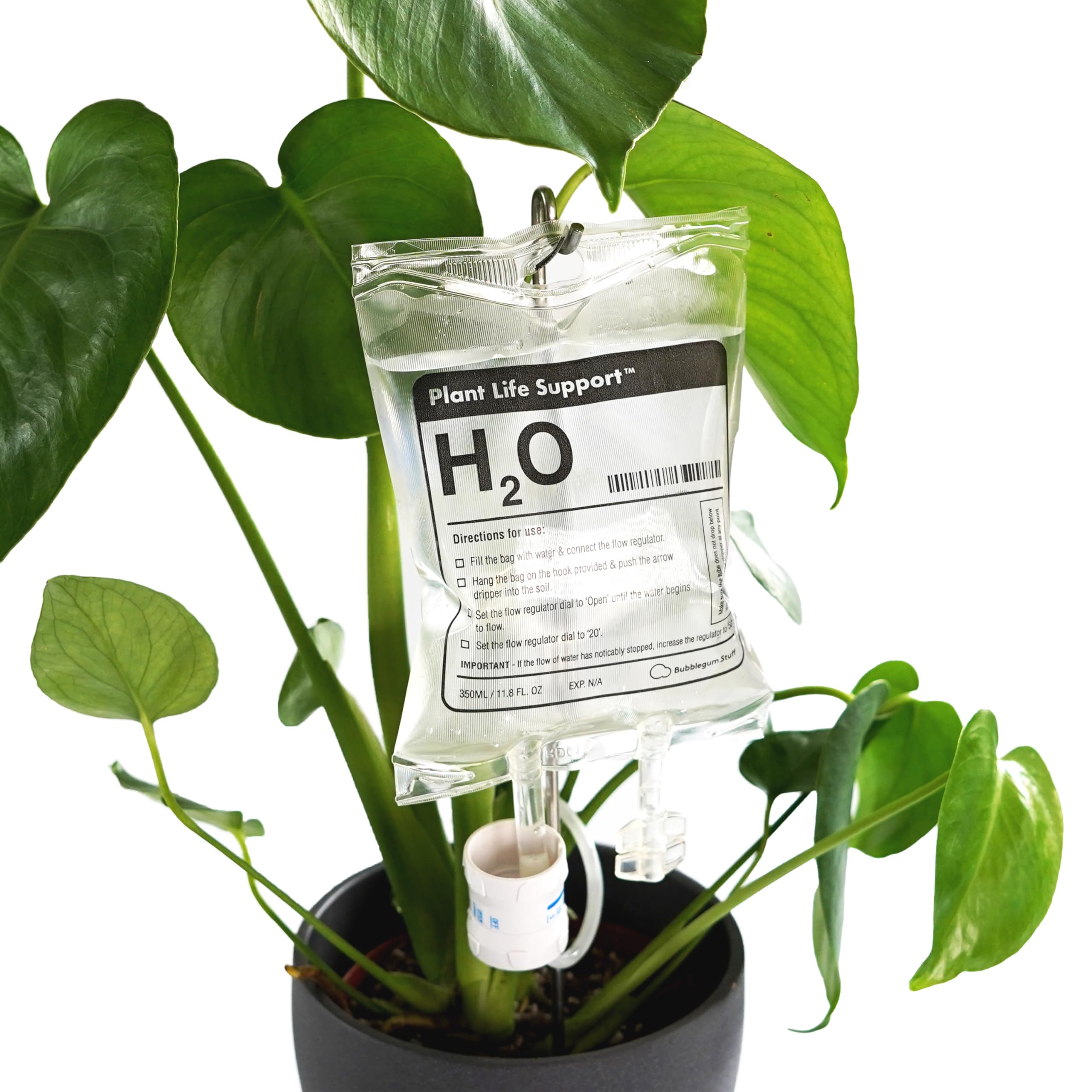 Bubblegum Stuff Plant Life Support bag provides steady drip irrigation for indoor plants.