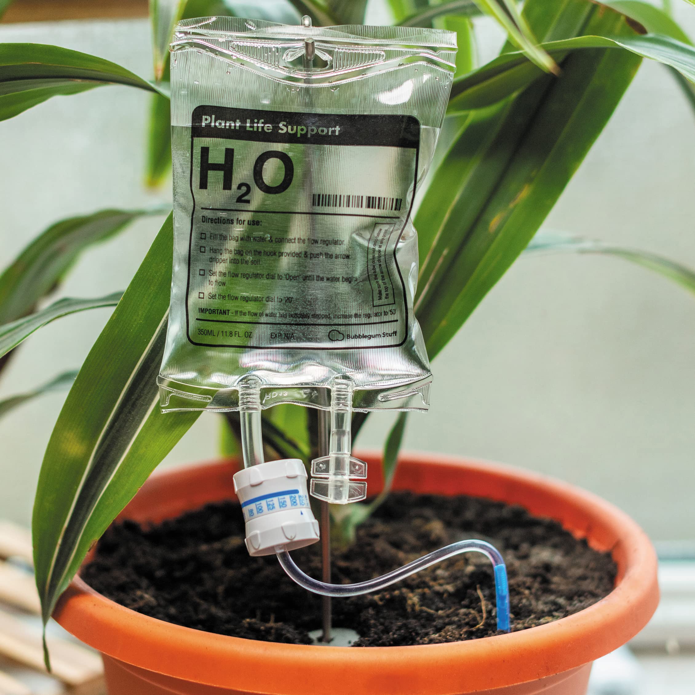 Bubblegum Stuff Plant Life Support bottle demonstrates automatic watering for houseplants.