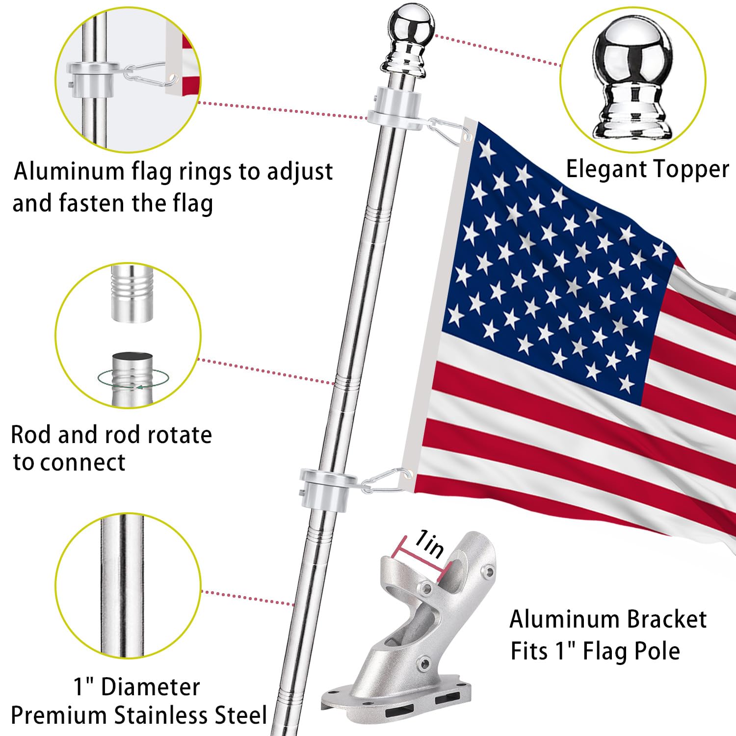 Bubblythe no-tangle aluminum rings provide smooth flag rotation.