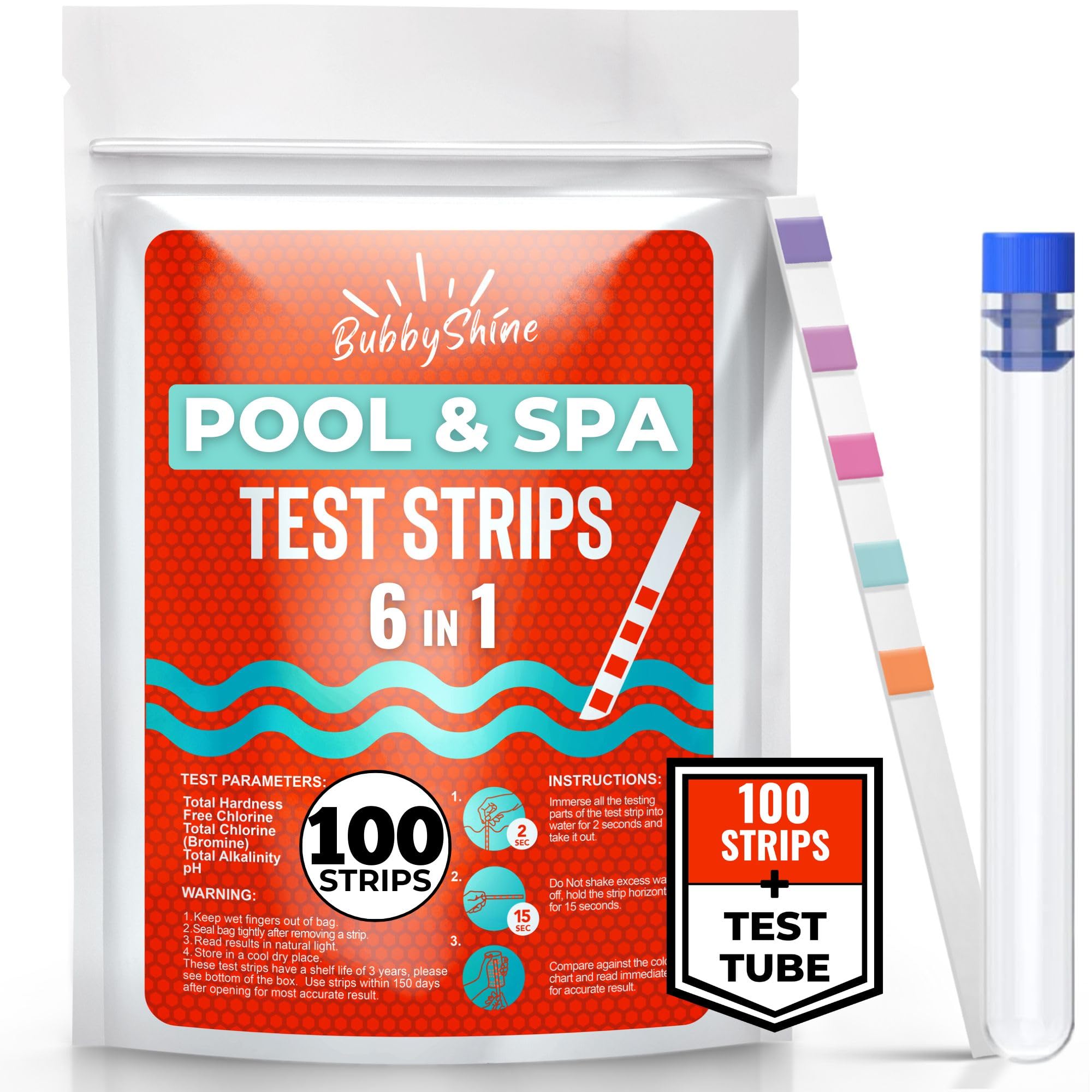 BubbyShine 100 pool test strips pack for quick six-parameter readings.