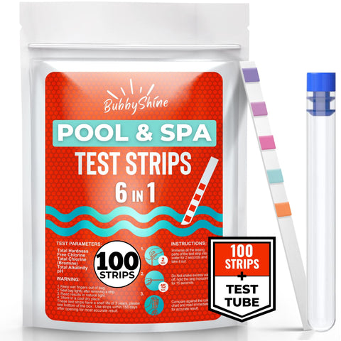 BubbyShine 100 pool test strips pack for quick six-parameter readings.