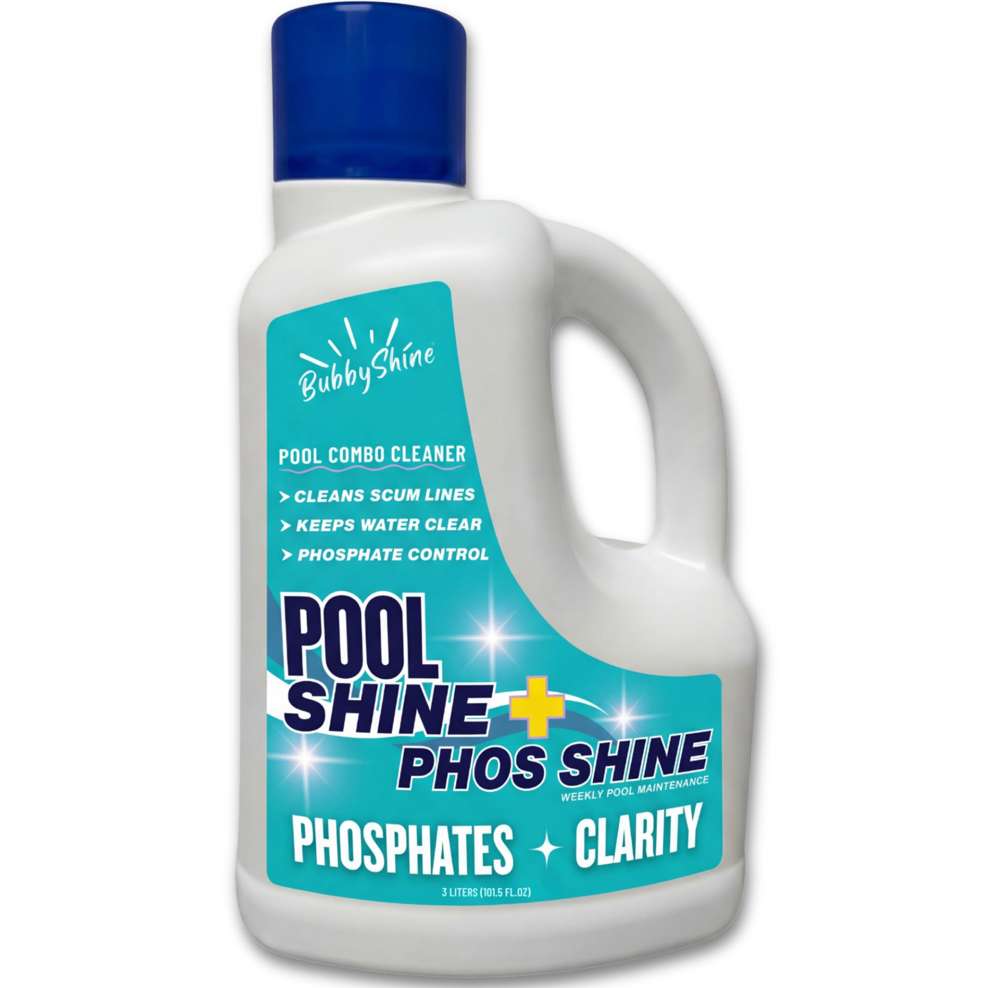 BubbyShine 3-in-1 pool cleaner bottle pouring into running pool for easy maintenance