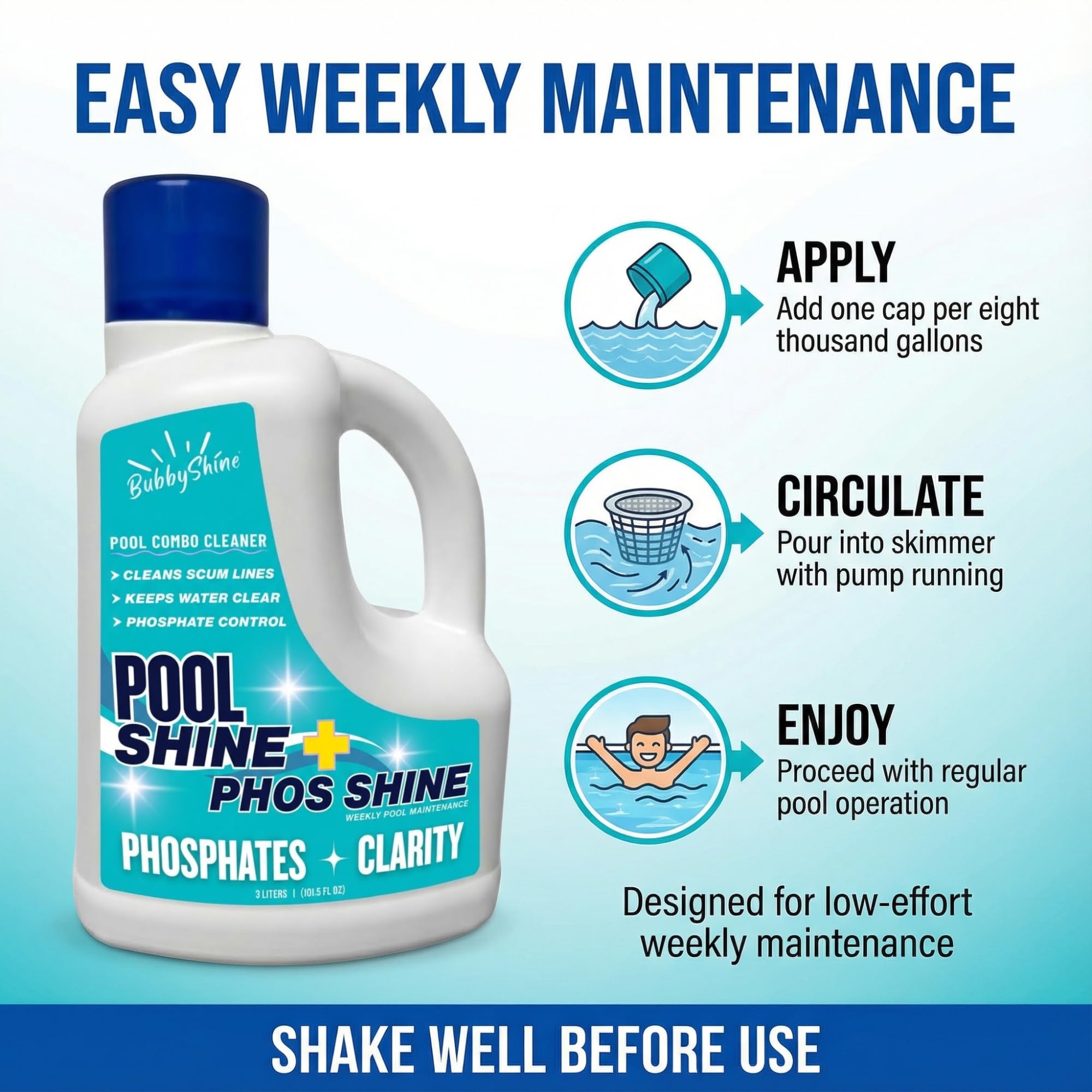 BubbyShine skimmer-pour cleaner visible during pool circulation