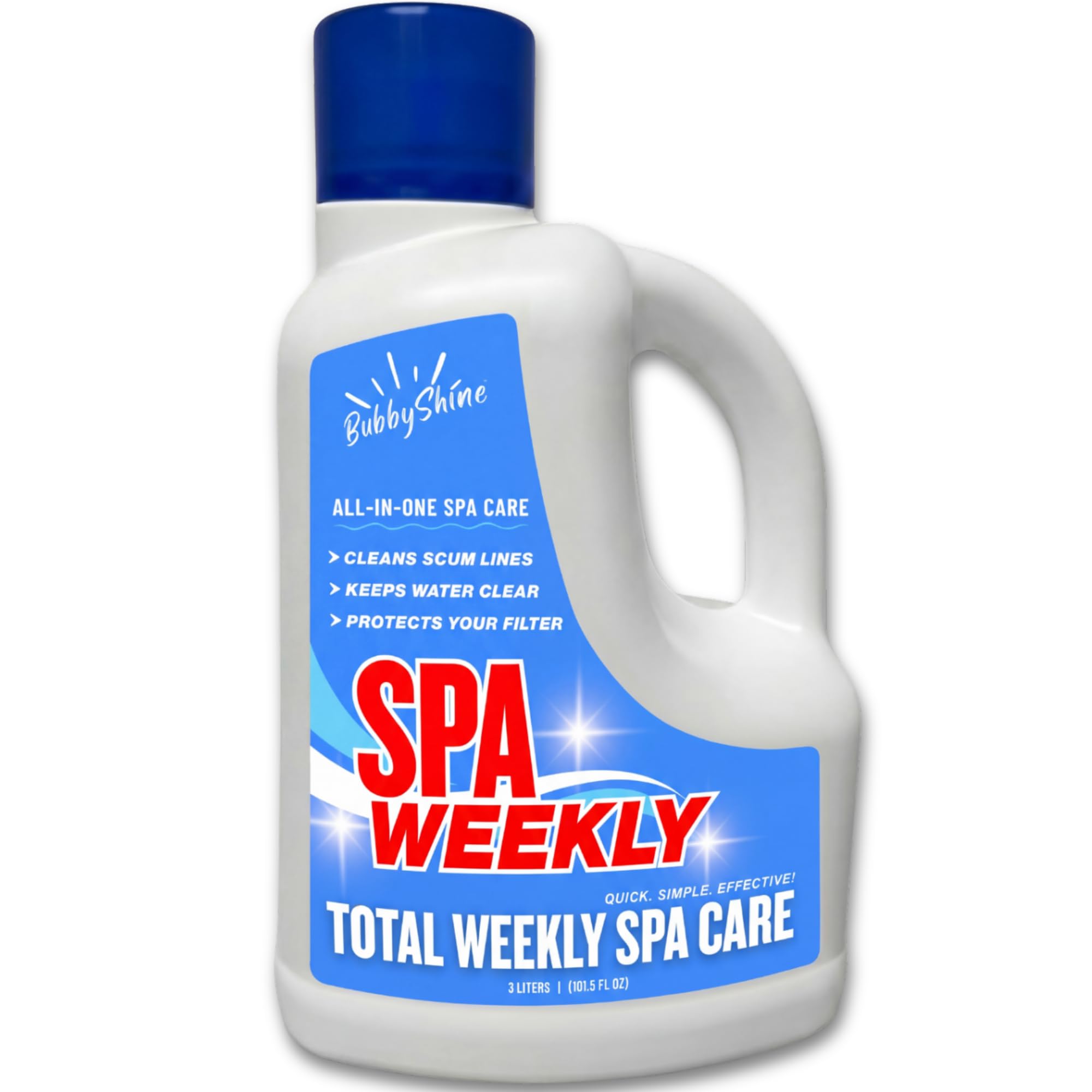 BubbyShine 5-in-1 hot tub chemicals bottle front for easy weekly maintenance.