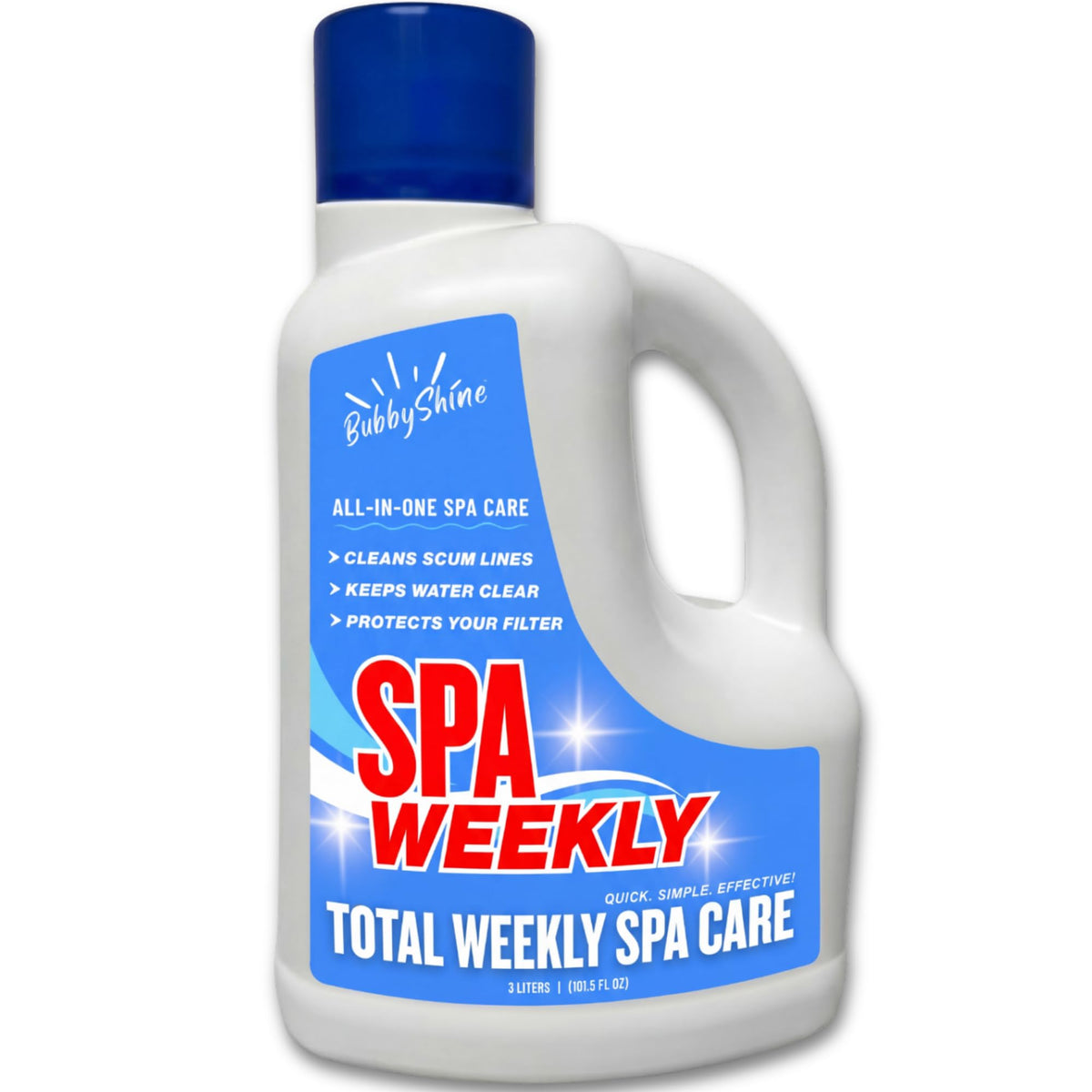 BubbyShine 5-in-1 hot tub chemicals bottle front for easy weekly maintenance.