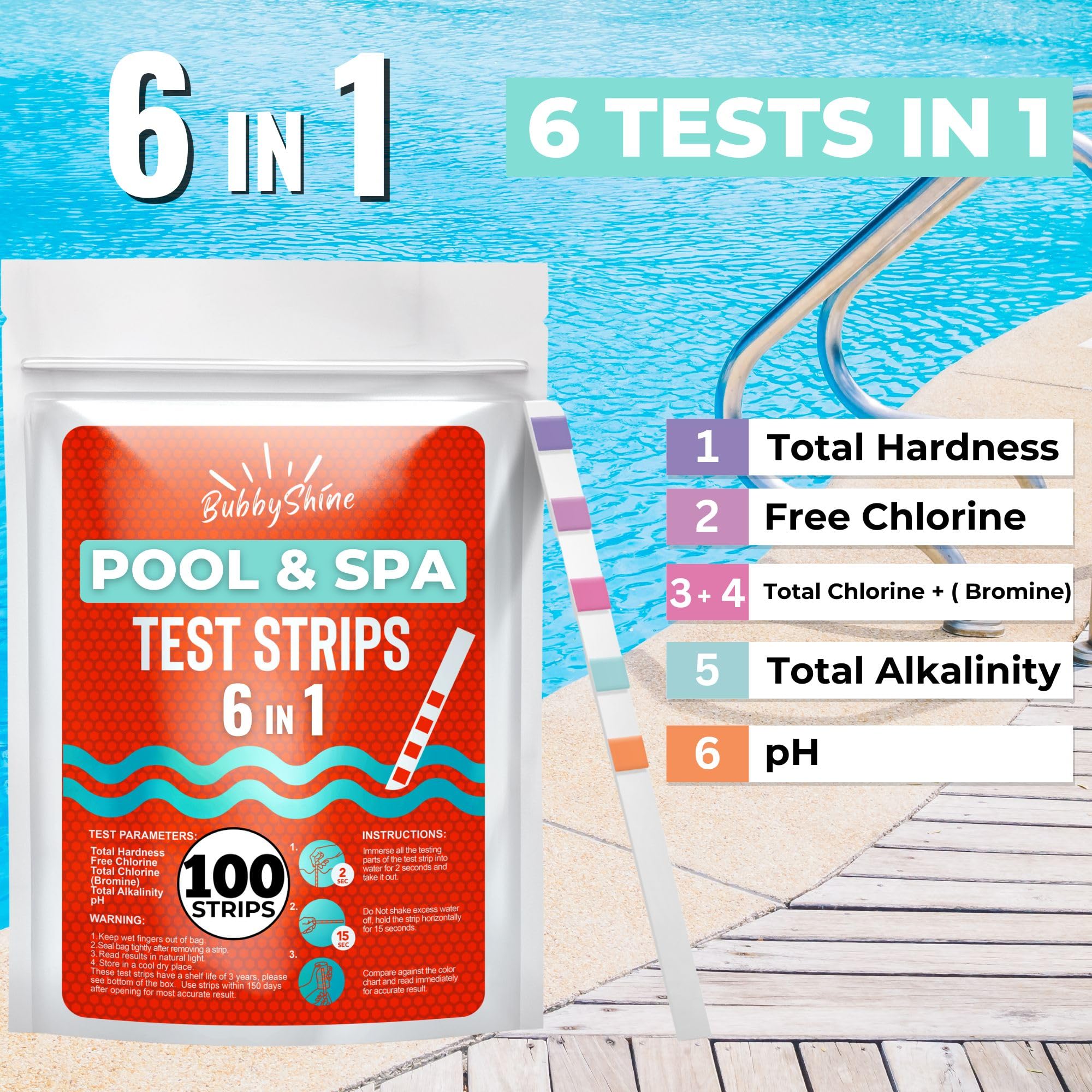 BubbyShine 6-in-1 spa test strip enables accurate chlorine, pH, and hardness checks.