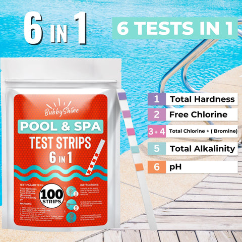 BubbyShine 6-in-1 spa test strip enables accurate chlorine, pH, and hardness checks.