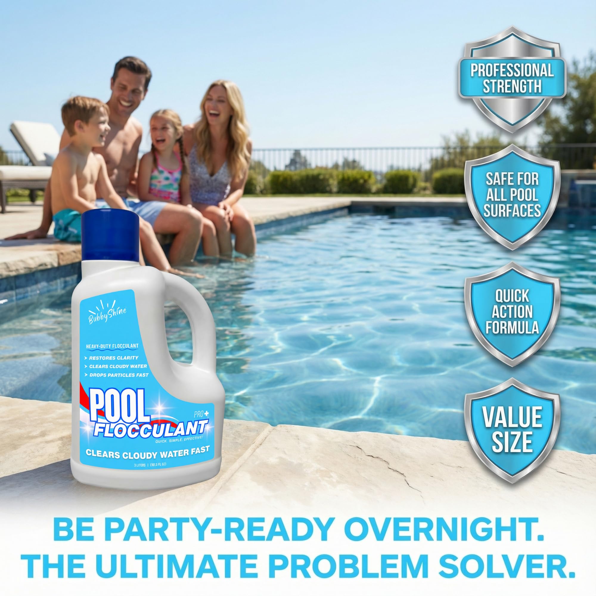 Above-ground pool clarifier working with standard chlorine and pH routines