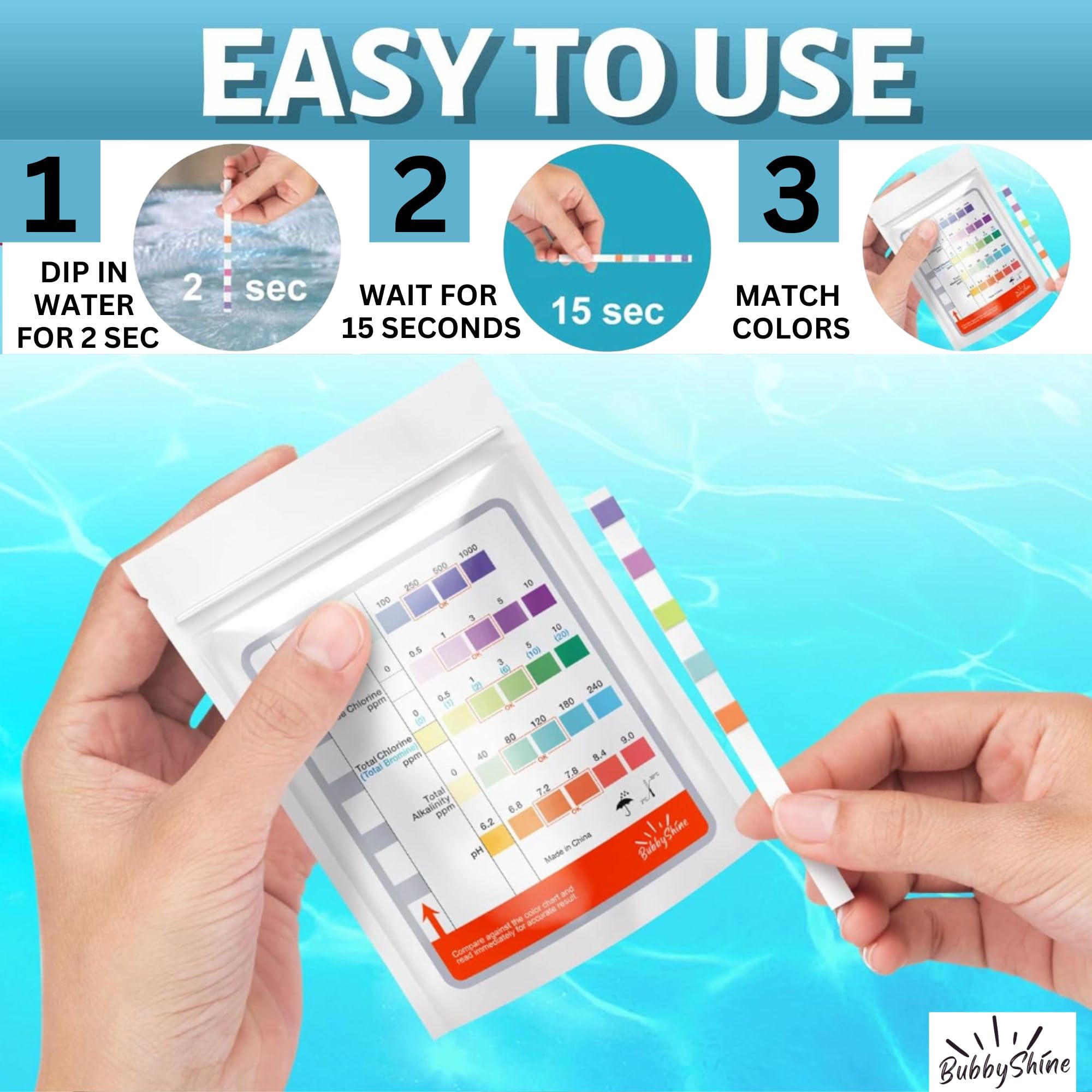 Dip and read color chart quickly with BubbyShine test strips for hot tubs.