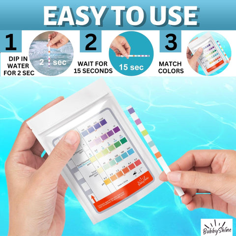 Dip and read color chart quickly with BubbyShine test strips for hot tubs.